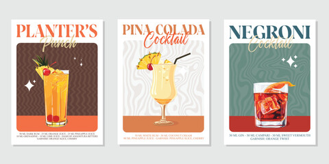 Set of 3 Cocktails retro poster. Planter’s punch, Pina colada, Negroni. Collection of popular alcohol drinks. Vintage style vector illustrations, bar, pub, restaurant, kitchen wall art