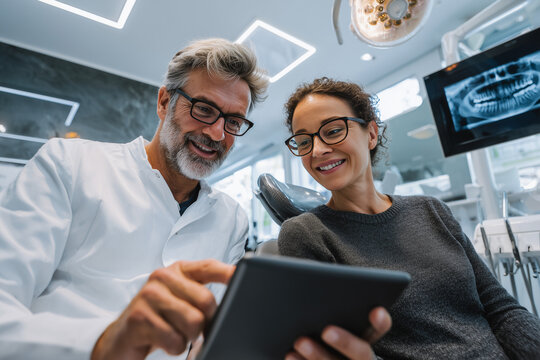 Smiling dentist explaining dental x-ray results to female patient using tablet in modern clinic
