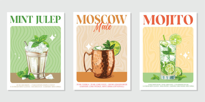 Set of 3 Cocktails retro poster. Mojito, Moscow mule, Mint julep. Collection of popular alcohol drinks. Vintage style vector illustrations, bar, pub, restaurant, kitchen wall art