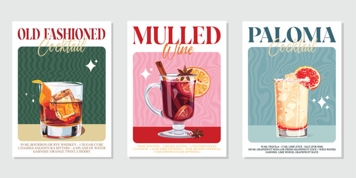 Set of 3 Cocktails retro poster. Paloma, Old fashioned, Mulled wine. Collection of popular alcohol drinks. Vintage style vector illustrations, bar, pub, restaurant, kitchen wall art