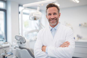 Fototapeta premium Confident male dentist in white coat standing with arms crossed in modern dental clinic