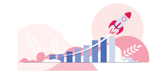 Illustration of rocket launching from rising bar graph, symbolizing business growth, startup success, and performance acceleration
