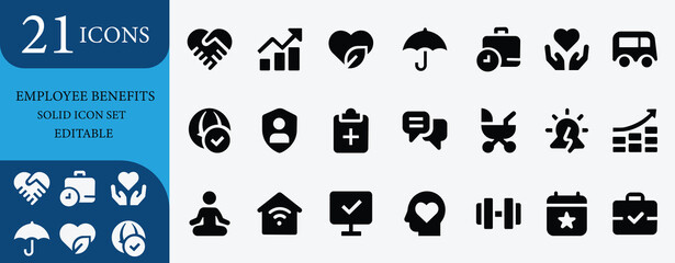 Employee benefits icons set including business, corporate, insurance, healthcare, teamwork, career, salary, wellness, productivity, success, reward