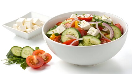 Fresh greek salad with feta cheese and vegetables in a white bowl with ingredients