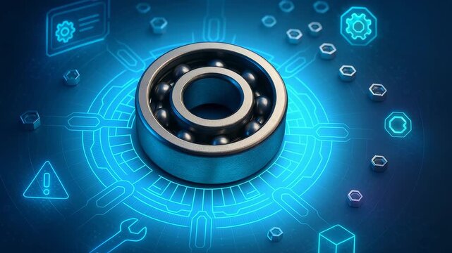 Shiny metallic ball bearing with digital holographic interface and mechanical gear elements showcasing precision engineering and industrial design