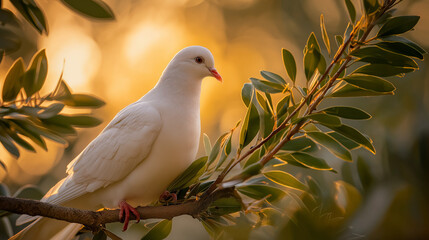 Obraz premium A pure white dove gently holds an olive branch, softly lit to highlight its peaceful symbolism of hope, harmony, and serenity.