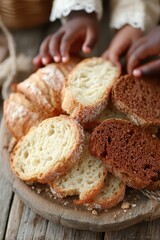 A Display of Freshly Baked Bread Being Interacted With by Hands in a Culinary Scene