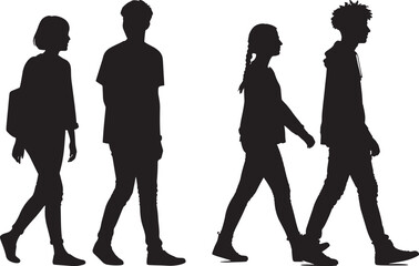 Teenage friends with school bags walking together vector silhouette