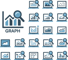 Collection of stylized graph and chart icons depicting data analysis and market trends with magnifying glasses for detailed examination ideal for business presentations and financial reports