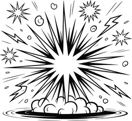 Obraz premium Explosion Cartoon Graphic Black and White Burst with Stars and Lightning Design Element for Comic Book Style or Super Hero Action Background with Impact Effect