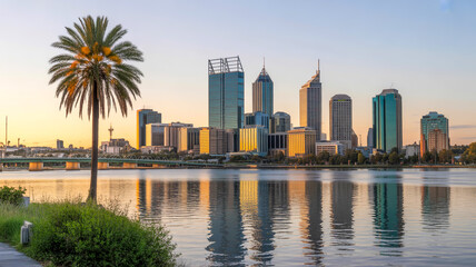 Obraz premium A scenic cityscape photograph of Perth, Australia at sunset, taken from across the Swan River