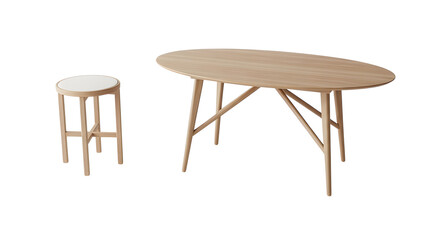 Shop the modern light wood oval dining table and stool furniture set for your dining room decor ideas on transparent background