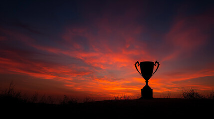 An abstract trophy cup  silhouette set against a vibrant sunset, highlighting bold shapes, striking contrast, and dynamic, inspirational visual energy.