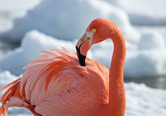 Vivid pink flamingo gracefully preening its brilliant plumage, a captivating spectacle set against a pristine, snow-covered landscape, highlighting avian elegance and natural beauty