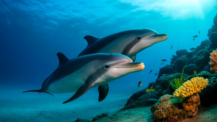 Fototapeta premium A stunning underwater photograph of two dolphins swimming in crystal-clear turquoise waters.