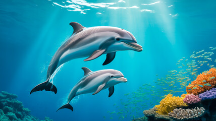 Fototapeta premium A stunning underwater photograph of two dolphins swimming in crystal-clear turquoise waters.