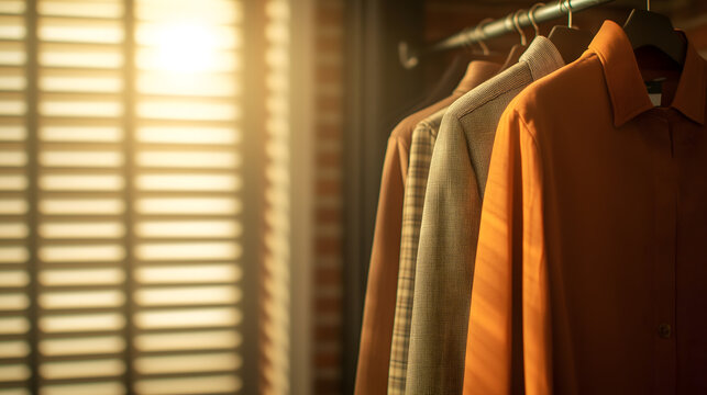 Elegant men’s shirts on hangers with warm sunlight through window blinds