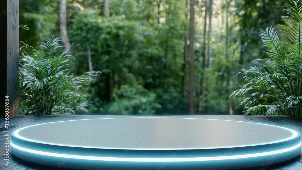 Poster modern circular platform surrounded by glowing greenery in serene forest nature setting