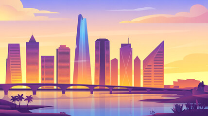 A stylized digital illustration of a modern cityscape at sunset. The skyline features several glass and steel skyscrapers with a distinctive angular architecture.