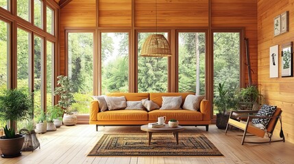 Cozy sunroom with warm wooden walls, large windows, and inviting furniture. Plants and nature views add to the relaxation