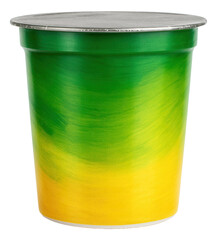 Obraz premium A matsoni container with a foil lid, featuring a vibrant green and yellow branding.