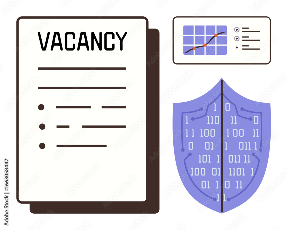 Poster job vacancy document, analytics chart, and shield with binary code highlight employment, data securi