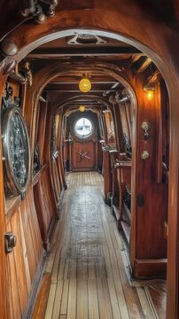 A wooden corridor inside a ship with lamps and a porthole, useful for articles about travel and retro interiors.