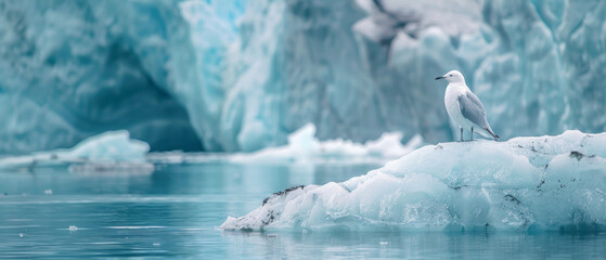 A bird on an ice floe near a glacier, suitable for articles about nature, ecology, and travel.