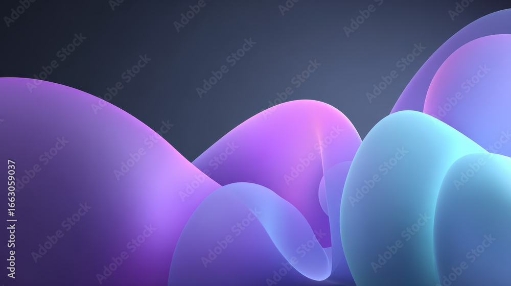 Poster abstract 3d rendered background with smooth wavy shapes in gradient colors of purple, pink, and blue