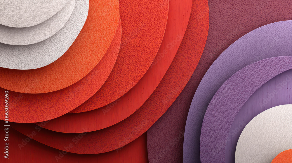 Poster abstract colorful paper cut background with textured surfaces, featuring layered circular shapes in 