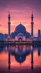 A majestic mosque with domes and minarets against the backdrop of the sunset, reflected in the water &mdash; for articles on culture, architecture, religion, and travel.