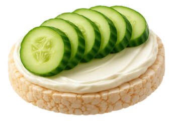 Rice cake topped with a thin layer of cream cheese and cucumber slices arranged like a caterpillar.