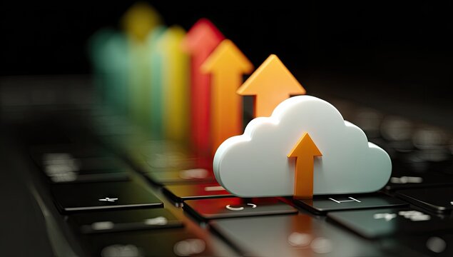 Colorful arrows ascend towards a cloud symbol on a laptop keyboard, symbolizing upward data transfer and cloud storage growth