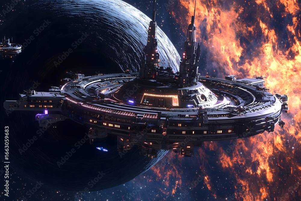 Poster futuristic space station orbits distant planet with nebulae, a vision of advanced technology and cos