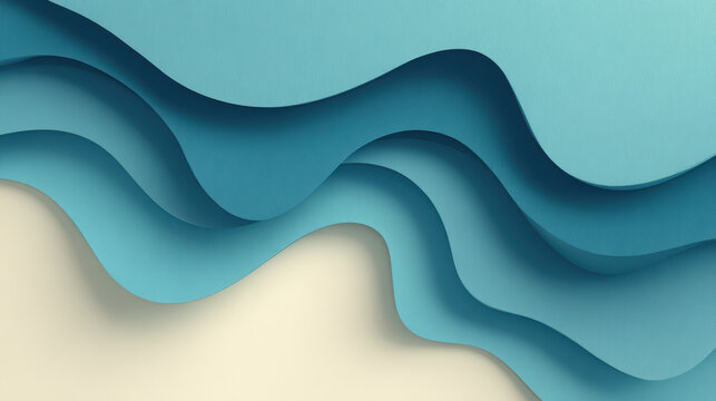 Abstract Paper Cut Background with Wavy Layers in Shades of Blue and Beige, Minimalist Design for Modern Wallpapers, Creative Projects, and Graphic Design Templates, Smooth Gradient, Textured Surface