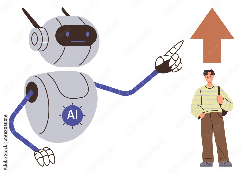 Poster ai robot pointing towards upward arrow while guiding a young man with a bag. ideal for technology, c