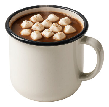 Retro enamelware mug holding a steaming hot cocoa, topped with mini marshmallows and a sprinkling of cocoa powder.