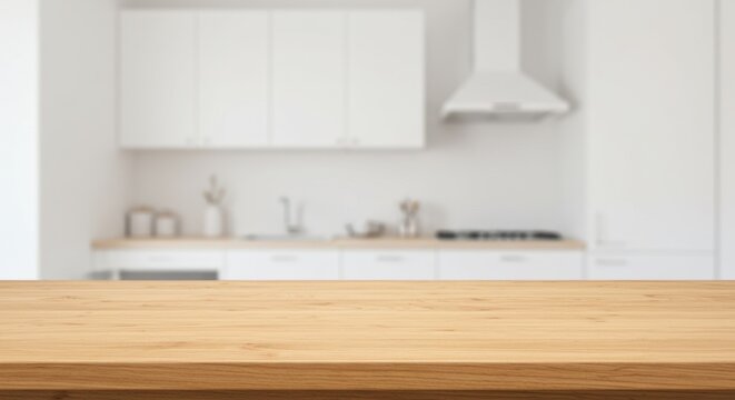 Table en bois vide dans une cuisine moderne avec arri&egrave;re-plan flou, id&eacute;ale pour pr&eacute;senter des ustensiles ou des aliments.