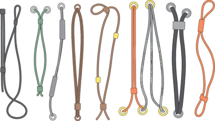 Elastic cords and rope loops with adjustable stoppers, fashion accessories, drawstring design, garment parts, cad drawing flat vector illustration