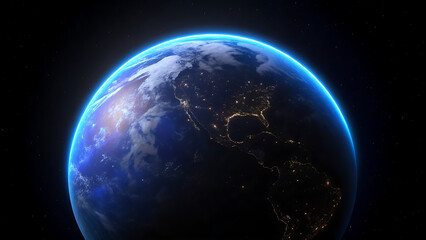 Obraz premium “Earth from Space – Western Hemisphere with City Lights and Sunlight”