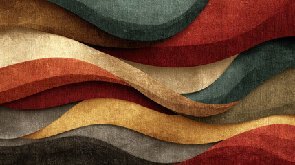 Abstract Textured Background with Wavy Layers in Earth Tones, Featuring Red, Gold, Brown, Green, and Gray Colors, Suitable for Wallpaper, Fabric, or Graphic Design Projects, Evoking a Sense of Warmth