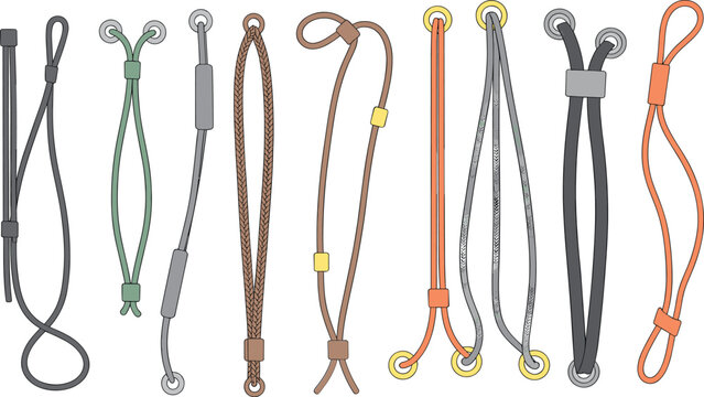 Elastic cords and rope loops with adjustable stoppers, fashion accessories, drawstring design, garment parts, cad drawing flat vector illustration