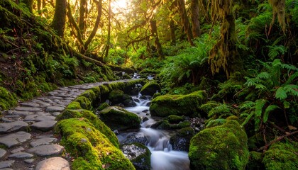 Sunlit forest path by a mossy stream