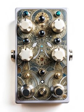 Guitar effect pedal on white background with intricate circuitry and knobs