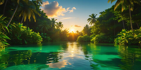 Tropical Paradise at Sunset with Vibrant Green Water and Lush Palm Trees