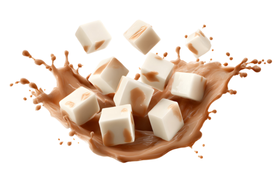 Delicate white chocolate cubes floating in a splash of creamy caramel liquid art