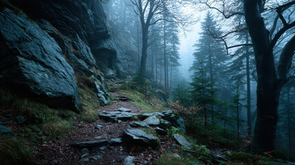 Fototapeta premium Mystical Forest Trail in Foggy Weather: A Serene Landscape with Rocky Steps, Lush Greenery, and Towering Trees creating an Atmospheric and Tranquil Scene for Nature Lovers and Outdoor Enthusiasts