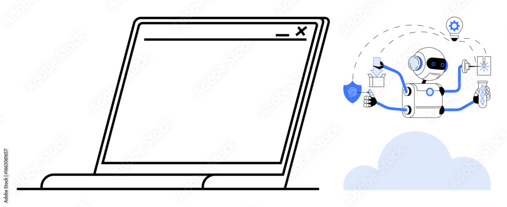 Poster laptop outline with ai robot multitasking tools, cloud background, and security concepts. ideal for 