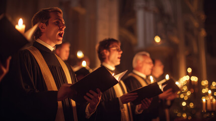 Choir singing passionately in dimly lit church, holding hymn books and surrounded by candlelight