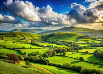Softly painted Irish landscape with lush green hills under a bright sunny sky